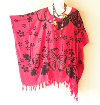KB497 Red Floral Batik Tunic Kaftan Top Blouse