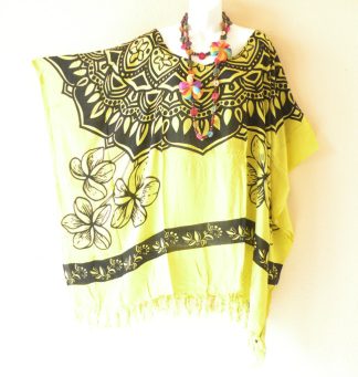 KB498 Yellow Floral Batik Tunic Kaftan Top Blouse