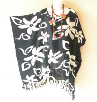 KB502 Black Floral Batik Tunic Kaftan Top Blouse