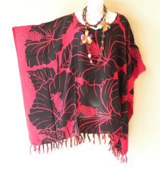 KB505 Red Floral Batik Tunic Kaftan Top Blouse